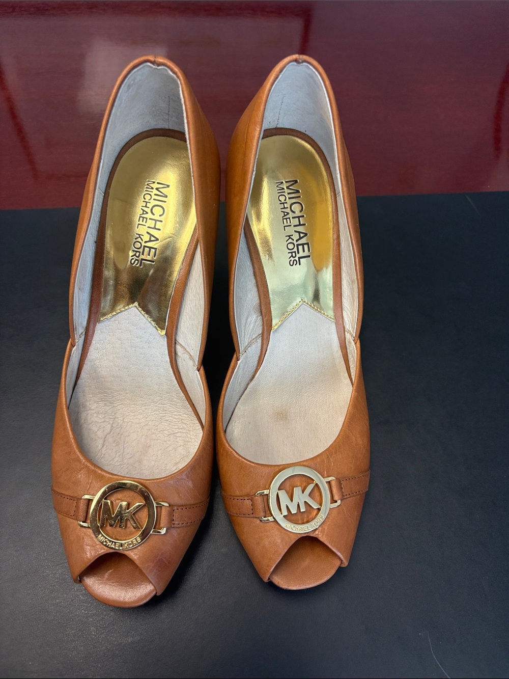 MICHAEL Michael Kors Tan Peep-Toe Leather Heels with Gold MK Medallion